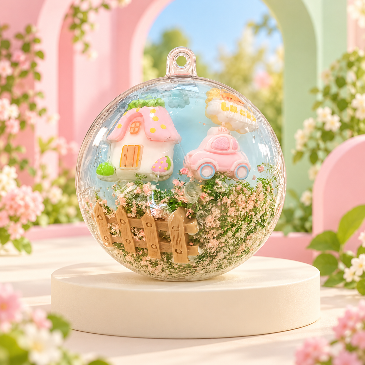 Pink Cottage Garden Handmade Squishy Ball styled display photo
