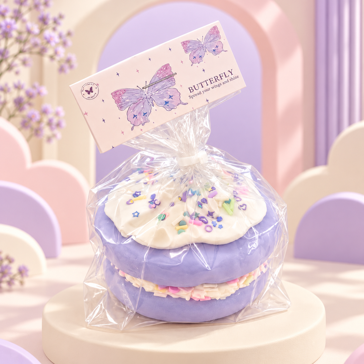 Lavender Butterfly Cream Cake Handmade Squishy styled display photo