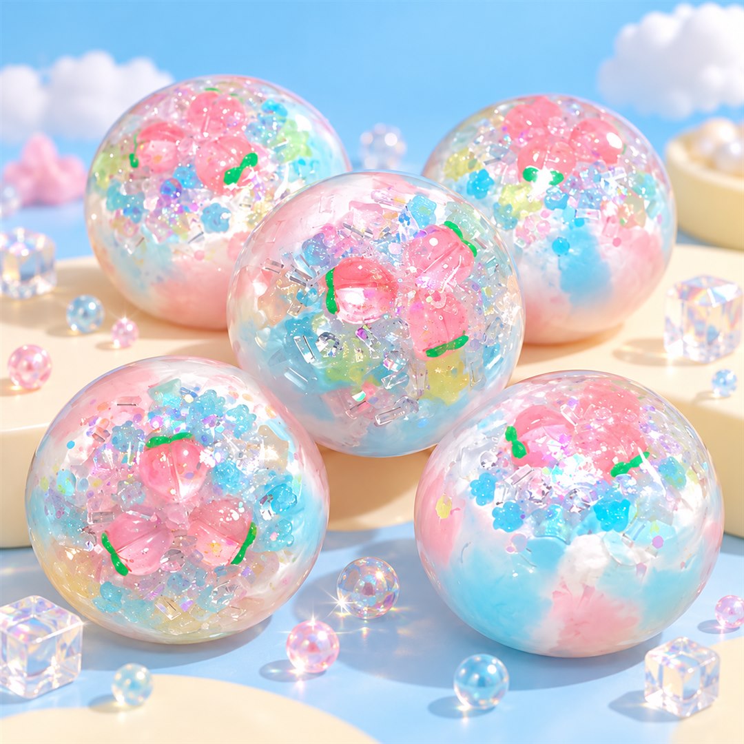 Clear pastel squishy balls filled with pink fruit and blue foam