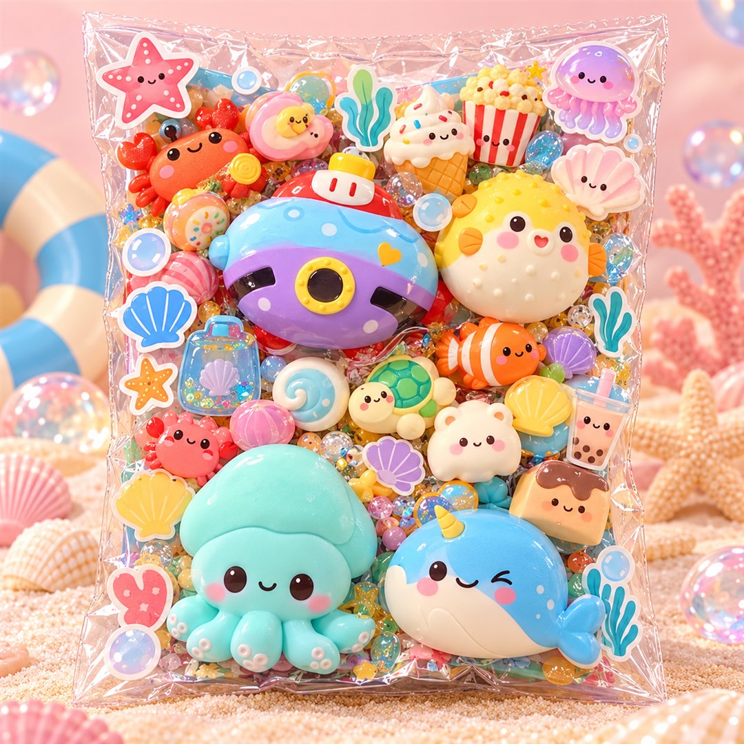 Colorful ocean-themed squishy assortment inside a clear gift pouch