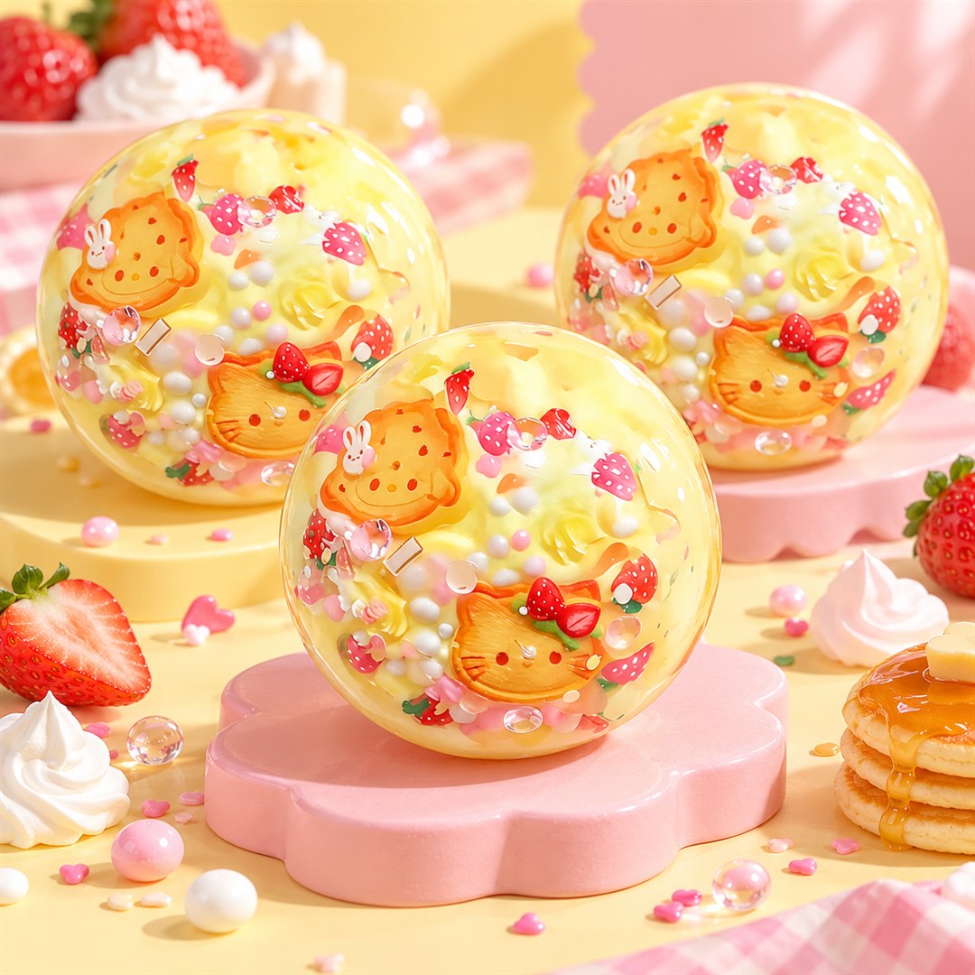 Golden dessert squishy balls with strawberries and pancake charms