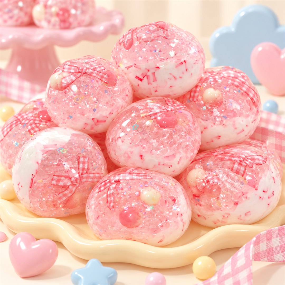 Pink translucent bow squishy balls arranged on a pastel studio set